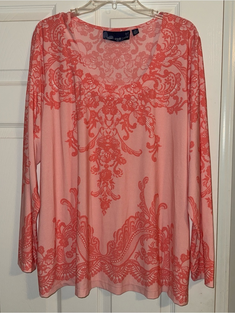 Susan Graver Coral Ornate-Print Long Sleeve Scoop Neck Top
